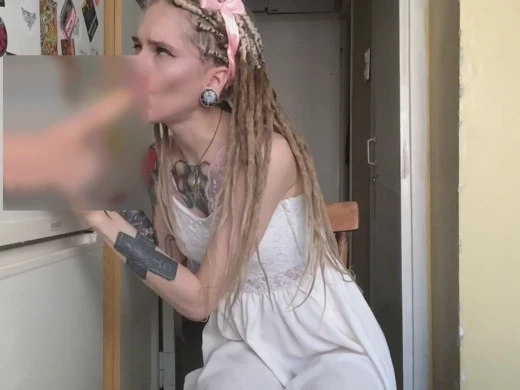 Tattooed babe with dreadlocks takes full advantage of her big dildo