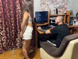 Horny brunette girlfriend wanna suck a cock while I am working