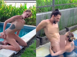 Small tits babe having some fun in the pool
