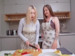 Food Fun With Two Sexy Girls In The Kitchen Ruined By Sudden Cock Appearance
