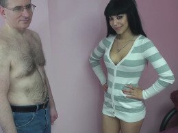 Amazing babe sucking older guys dick and cum swallow