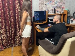 Horny brunette girlfriend wanna suck a cock while I am working