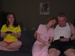 Two Girls Ride Cock In Living Room Threesome