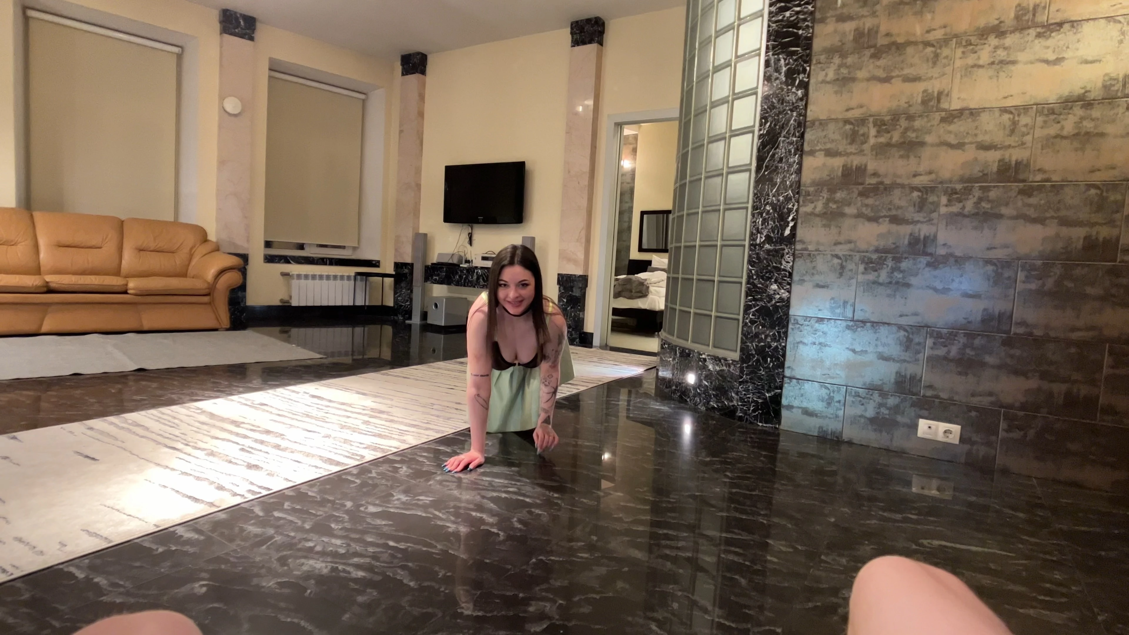 Amazing Tattooed Brunette Fills Her Mouth With My Pulsating Dick